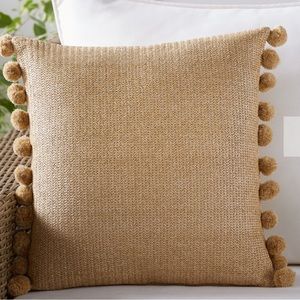 Faux Natural Fiber Pom Pom Outdoor Throw Pillow